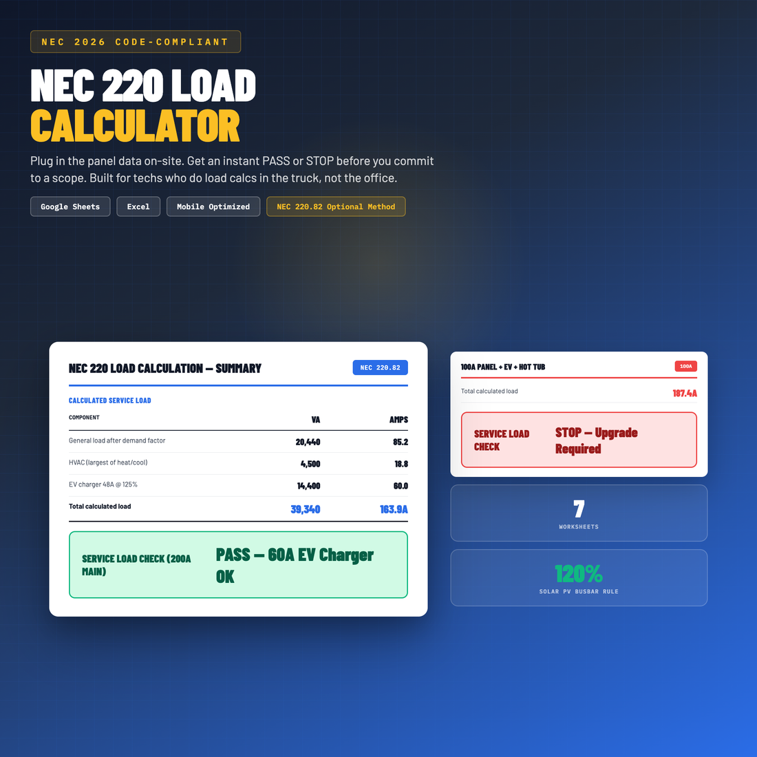 NEC 220 Load Calculator for Electricians and Solar Installers (Excel Spreadsheet)