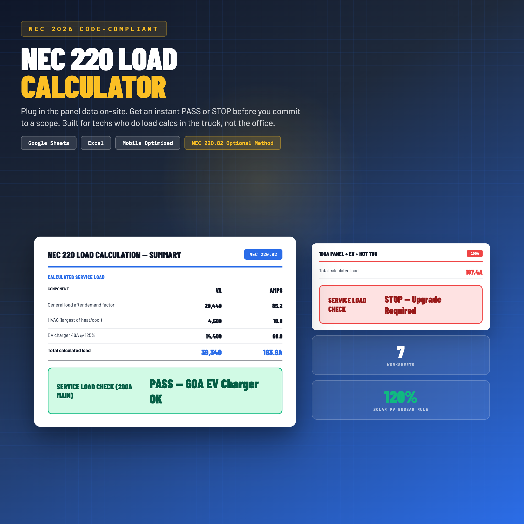 NEC 220 Load Calculator for Electricians and Solar Installers (Excel Spreadsheet)