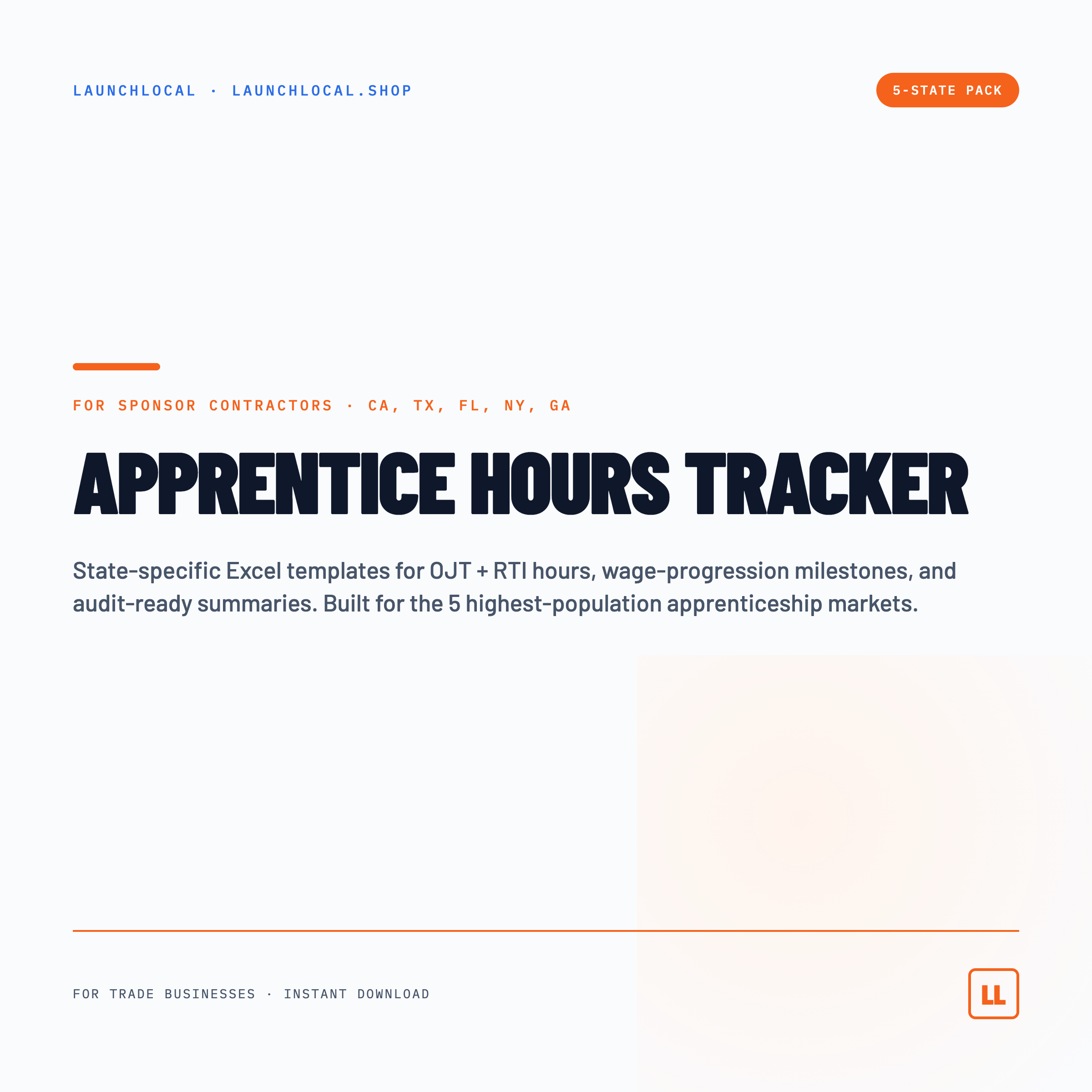 Apprentice Hours Tracker — 5-State Pack (CA, TX, FL, NY, GA) — preview