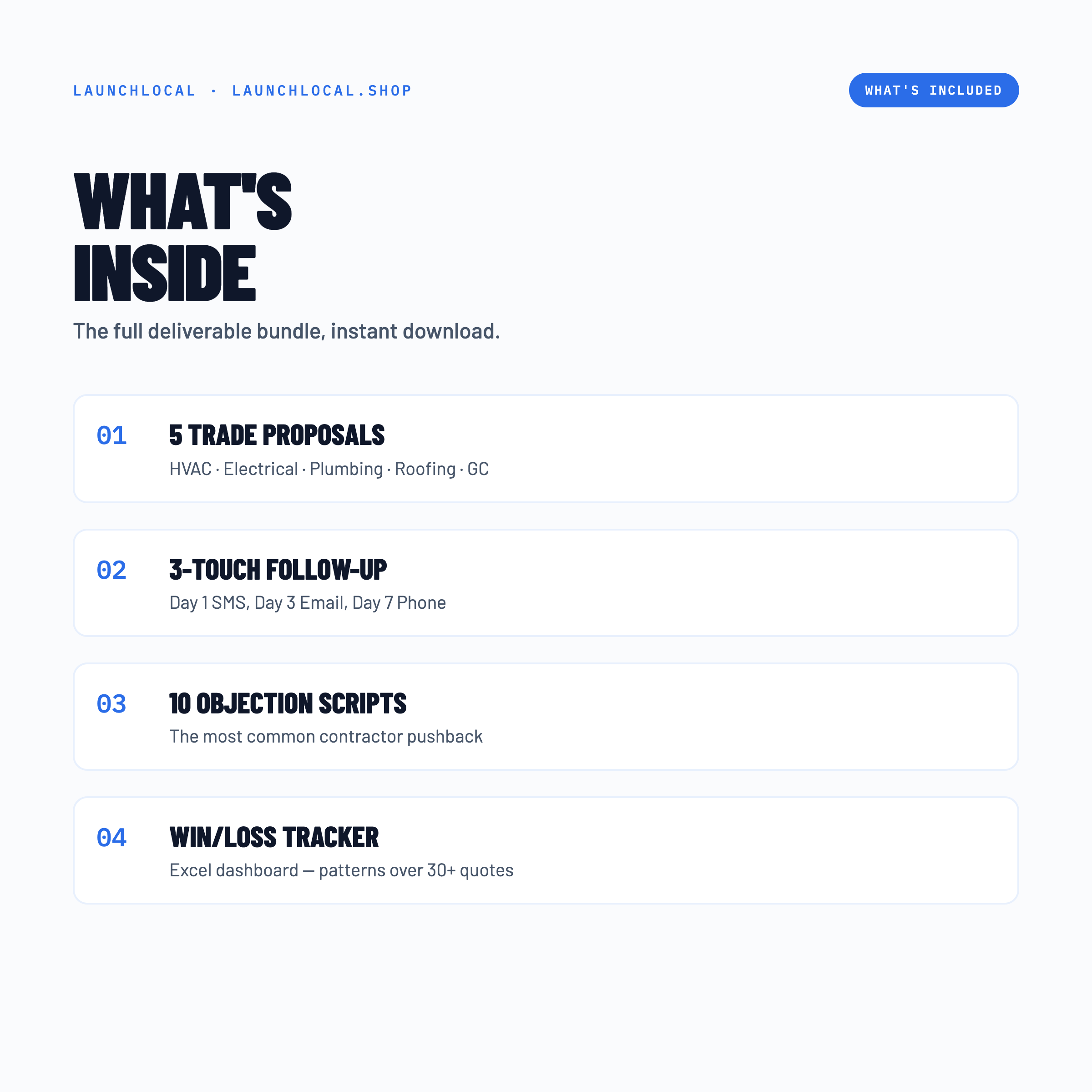 Quote-to-Close Sales Kit — 5 Trade Proposals + Follow-Up + Objection Scripts — what is included